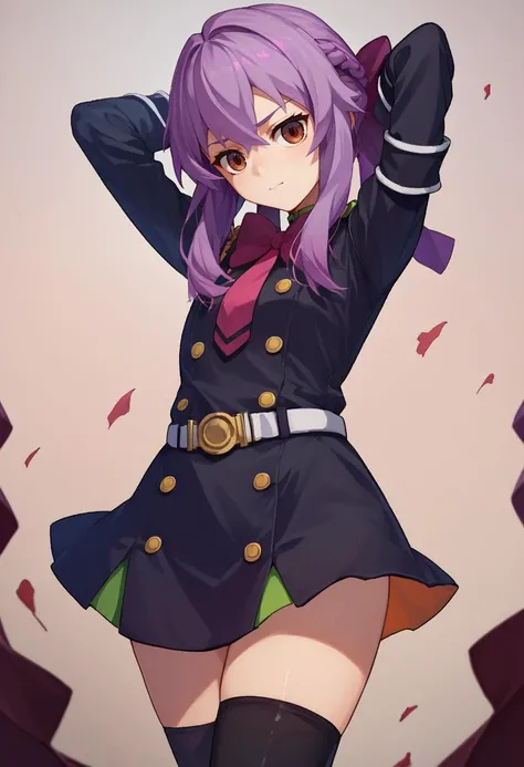 score_9, score_8_up, score_7_up, source_anime,ShinoaDef, purple hair, brown eyes, braided hair, purple hair bow, pink bow, black uniform, white armband, black thighhighs, white belt,white gloves, arms behind head, <lora:ShinoaXL1-000010:1>