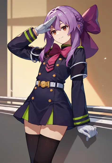 score_9, score_8_up, score_7_up, source_anime,ShinoaDef, purple hair, brown eyes, braided hair, purple hair bow, pink bow, black uniform, white armband, black thighhighs, white gloves, white belt, salute, <lora:ShinoaXL1-000010:1>