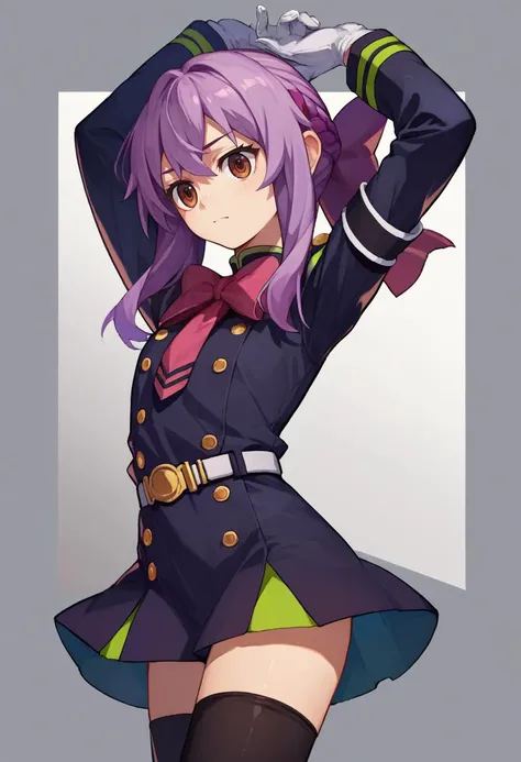 score_9, score_8_up, score_7_up, source_anime,ShinoaDef, purple hair, brown eyes, braided hair, purple hair bow, pink bow, black uniform, white armband, black thighhighs, white gloves, white belt, arms up, <lora:ShinoaXL1-000010:1>