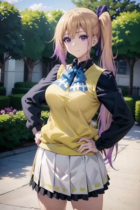 kawakami_Mai, Blonde hair, Side ponytail, Purple eyes, Long hair, bangs, Gradient hair, dark mole,
Large breasts, school uniform, Black shirt, Yellow sweater vest, White pleated skirt, Sneakers, Black socks, (Masterpiece:1.0), (Best quality:1.0), (8K wallpaper:1.0), Extremely delicate and beautiful, (Beautiful detailed face:1.0), (Detailed deep eyes), Symmetrical breasts, Deep eyes