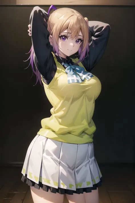 kawasaki_May, One girl, alone, Long Hair, Side Ponytail, Purple eyes, ribbon, Blonde Hair, , Yellow sweater vest, Are standing, In-person audience, White Skirt, View Viewer, Mole, Big Breasts, smile, Raise the hand, Put your arms behind your head,
