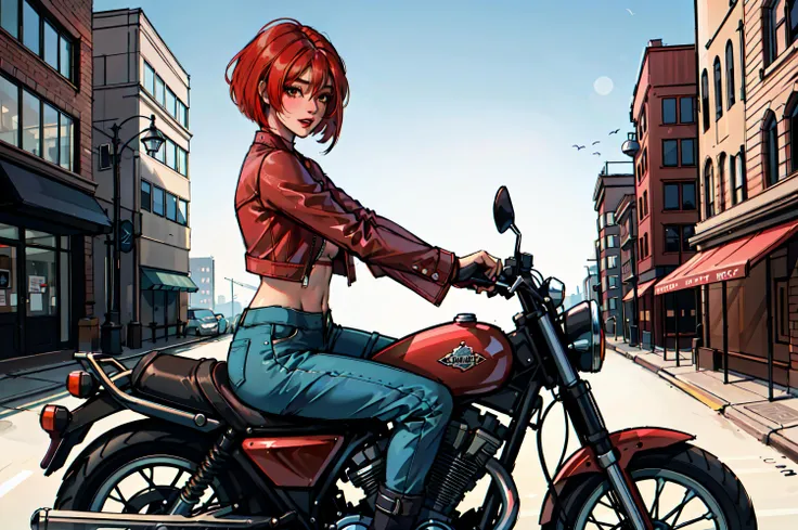 (masterpiece:1.2, best quality, highres), (1girl, solo, detailed face, riding motorcycle), red hair, Will_Vandom, high-waisted pants, leather jacket, bob haircut, ankle boots, (makeup), urban background, city background, <lora:WillVandom:0.7>