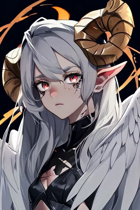 Angel, (((small black horns))), red halo above head, black scelara eyes, large silver wings, body focus, high detail, horns, genderless, androgynous, R4mh0rns, portrait, curled horns, sheep horns, glowing cracks, cracked skin, shattered skin, fractured skin, broken skin