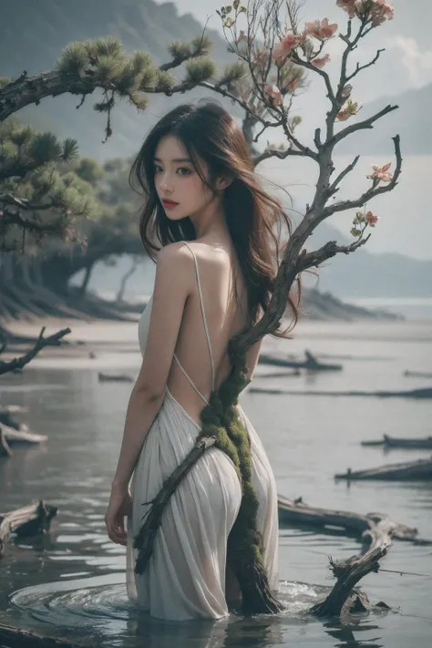 1girl,<lora:æ¯æ1:0.8>,This picture depicts a surrealistic image of a woman blending with natural elements. A woman stands in the water,her back and hair gradually turning into branches and twigs of a tree,