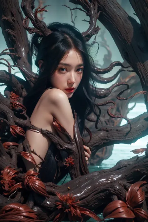 (dark vibe:1.4),1girl,<lora:æ¯æ1:0.8>,famtasy,wrapped in withered branches,surrealistic,blending with natural elements,jitome,tentacles,standing in water,TENTACLES,
TENTACLE PIT,