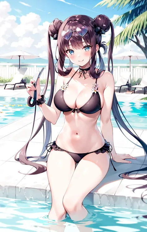 HoneyLake, SwimClothing, 1girl, solo, sitting, flower, looking at viewer, water, pool, outdoors, smile, umbrella, blush, sky, day, poolside, soaking feet
<lora:fgoYangguifeiv1:0.8>