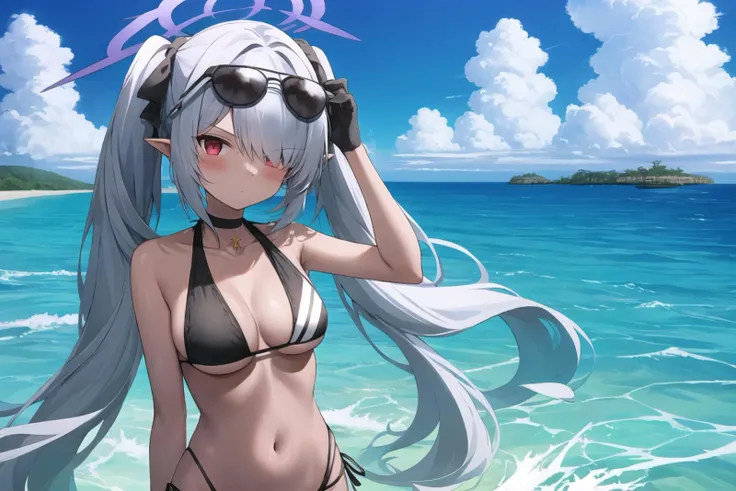 woman, robotic body, long hair, white hair, big thighs, bikini, eating ice cream, crucifix on her neck
