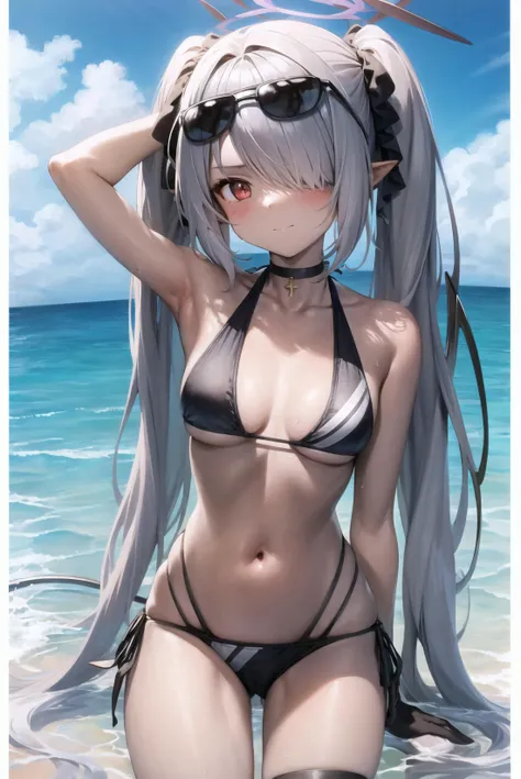 Gray skinned anime girl, anime girl with small breasts, flat anime girl, character is wearing micro-bikini, has long white hair and a gentle smile, adult anime character, older anime character, 20 years old, anime character standing looking forward.