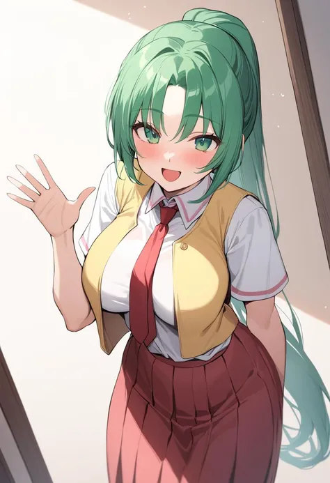 masterpiece, best quality, 1girl,  <lora:MionXL:1> Mion Sonozaki, green hair, green eyes, ponytail, white shirt, red necktie, yellow vest, red skirt, standing, :D, waving