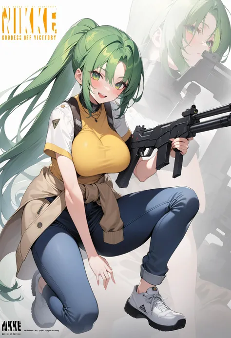 masterpiece, best quality, 1girl, Mion Sonozaki, green hair, green eyes, ponytail, <lora:MionXL:1>, yellow tee, white clothes around waist, jeans, <lora:NSFWFilterXL_animagine:-1>, full body, zoom layer, holding weapon, holding gun, (one knee), copyright name, official art, goddess of victory: nikke,