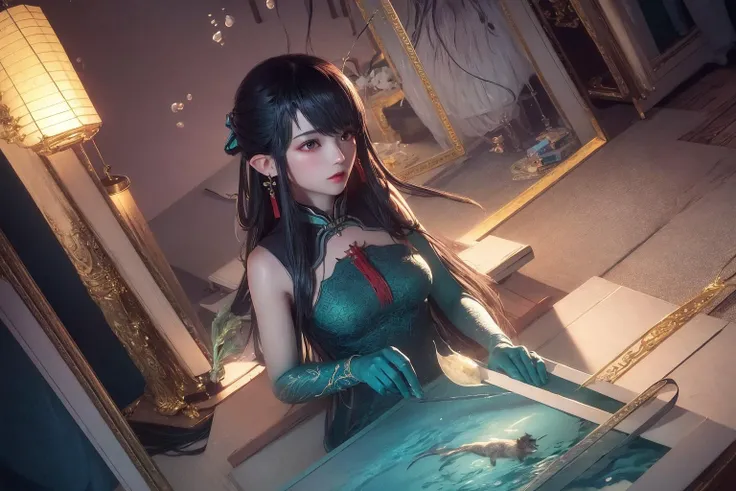 (best quality), (masterpiece), ultra-detailed, illustration , (an extremely delicate and beautiful), extremely detailed CG unity 8k wallpaper,
1girl, HONGXUEHEAD,gold jewellery,Jewelry hangings,china dress,
(seabed),under water,a lot foam,Pearl of the Night,Lanterns,deep,
