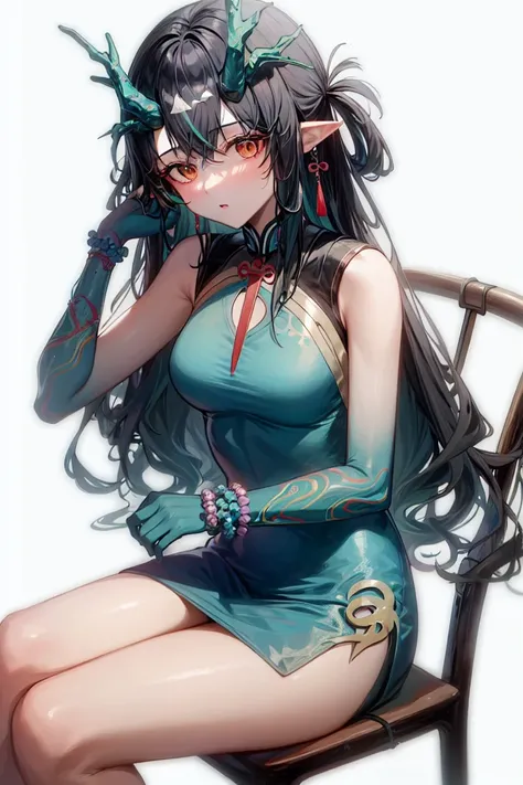 1girl ,cowboy shot,china dress,sitting,cross legs,chair,simple background