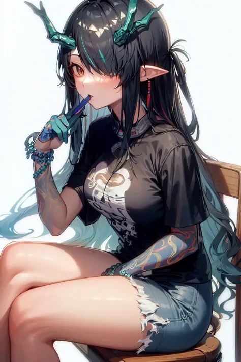 1girl ,cowboy shot,jeans,t-shirt,sitting,cross legs,chair,simple background,horns,