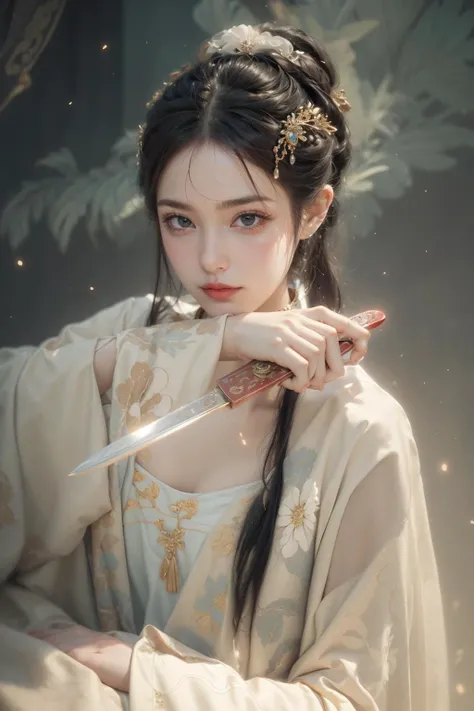 (((cinematic lighting, depth of field, motion blur, motion lines))),(1girl:1.4), solo,(moody lighting), ((nude:0.75)),(((small breasts:1))), ((nymphaea:1,3)), (Glowing ambiance, enchanting radiance, luminous lighting, ethereal atmosphere, mesmerizing glow, evocative hues, captivating coloration, dramatic lighting, enchanting aura), ((holding knife:1.3)), (a woman in an oriental dress holding a chinese style knife, gorgeous chinese model, still from a music video, detailed feminine face, rich red, very beautiful girl, woman with porcelain skin, beautiful female warrior, photo of the girl, photo of, stunningly beautiful), smile, masterpiece, top quality, best quality, official art, unity 8k wallpaper, highres, ultra-high res, ultra-detailed, beautiful and aesthetic, perfect detailed face, detailed eyes, highly detailed,<lora:anxiang:0.55>