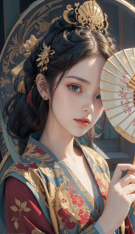There is a cartoon in a dress, China dress, Hanbok apron, chinese costume, traditional chinese costume, Close-up - view, Hanbok, wearing ancient chinese costume, with ancient chinese costume, palace, girl in hanfu, white hanfu, China dress, wearing pink flowers, shadow room, light edge, two-tone lighting, (high detail skin: 1.2), 8K uhd, Digital single-lens reflex camera, soft light, high quality, volume lighting, Sneak a peek, photograph, High resolution, 4k, 8K, background bokeh