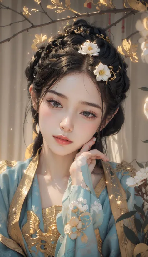 (((cinematic lighting, depth of field, motion blur, motion lines))),(1girl:1.4), solo,(moody  lighting), ((nude:0.75)),(((small breasts:1))), ((nymphaea:1,3)), (Glowing ambiance, enchanting radiance, luminous lighting, ethereal atmosphere, mesmerizing glow, evocative hues, captivating coloration, dramatic lighting, enchanting aura), (a woman with a chinese style fan in her hand, palace, a girl in hanfu, esthetic photo, beautiful avatar pictures, detailed woman, elegant glamourous cosplay, black butterflies, mirror reflection, gilded. floral, history drama, shutter, steampunk aesthetic, dorne, ethnic, cgtrader, royal, miko, photo of the girl, photo of, stunningly beautiful), smile, masterpiece, top quality, best quality, official art, unity 8k wallpaper, highres, ultra-high res, ultra-detailed, beautiful and aesthetic, perfect detailed face, detailed eyes, highly detailed,<lora:anxiang:0.75:KEEPCHAR>