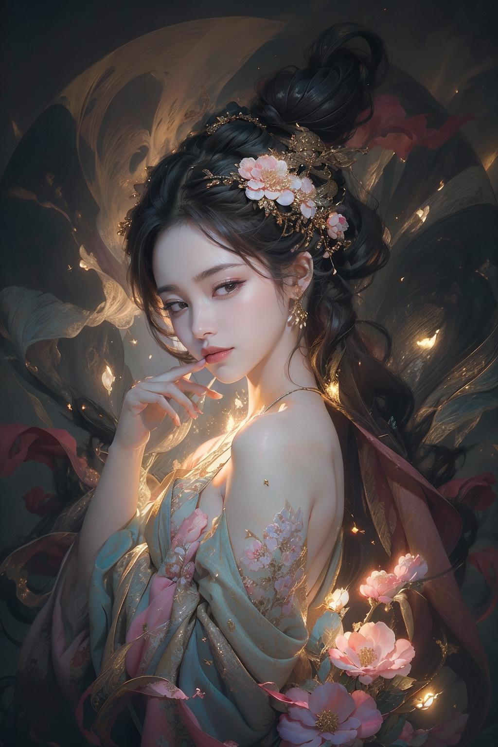 A woman with a flower in her hair and a flower in her hair - SeaArt AI