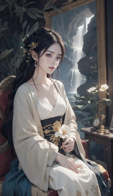 (((cinematic lighting, depth of field, motion blur, motion lines))), (volume fog), (1girl:1.4), solo,(moody lighting), ((nude:0.75)),(((small breasts:1))), ((nymphaea:1,3)), (Glowing ambiance, enchanting radiance, luminous lighting, ethereal atmosphere, mesmerizing glow, evocative hues, captivating coloration, dramatic lighting, enchanting aura), (a girl in a Chinese style dress sitting on a bench, artwork in the style of guweiz, birds in the sunlight, ancient chinese princess, many birds and roses fly around, atmospheric photo, streaming on twitch, white candles, manhwa, in a verdant garden, losing feathers, beautiful avatar pictures, palace, a girl in hanfu, esthetic photo, beautiful avatar pictures, detailed woman, elegant glamourous cosplay, black butterflies, mirror reflection, gilded. floral, history drama, shutter, steampunk aesthetic, dorne, ethnic, cgtrader, royal, miko, photo of the girl, photo of, stunningly beautiful), smile, masterpiece, top quality, best quality, official art, unity 8k wallpaper, highres, ultra-high res, ultra-detailed, beautiful and aesthetic, perfect detailed face, detailed eyes, highly detailed,<lora:anxiang:0.55>