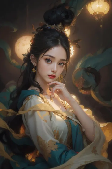 (Glowing ambiance, enchanting radiance, luminous lighting, ethereal atmosphere, mesmerizing glow, evocative hues, captivating coloration, dramatic lighting, enchanting aura), ink painting, ((moon:1)), (masterpiece, top quality, best quality, official art, beautiful and aesthetic:1.2), (1girl:1.4), extreme detailed,(joshua middleton comic cover art:1.1), (Action painting:1.2),(concretism:1.2),theater dance scene,(hypermaximalistic:1.5),colorful,highest detailed,<lora:anxiang:0.4>, <lora:zhongfenghua:0.15> <lora:lowra_v10:0.25> <lora:oc_v10:0.2>