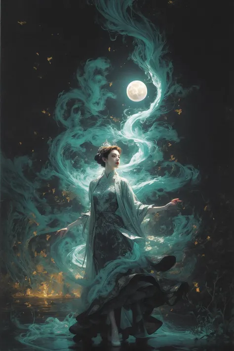 (Glowing ambiance, enchanting radiance, luminous lighting, ethereal atmosphere, mesmerizing glow, evocative hues, captivating coloration, dramatic lighting, enchanting aura), ink painting, ((moon:1)), (masterpiece, top quality, best quality, official art, beautiful and aesthetic:1.2), (1girl:1.4), extreme detailed,(joshua middleton comic cover art:1.2), (Action painting:1.3),(concretism:1.3),theater dance scene,(hypermaximalistic:1.5),colorful,highest detailed, <lora:Dragon-000012:0.4> <lora:add_detail:0.55> <lora:XXMixSkin-V1.0:0.65> <lora:anxiang:0.35>