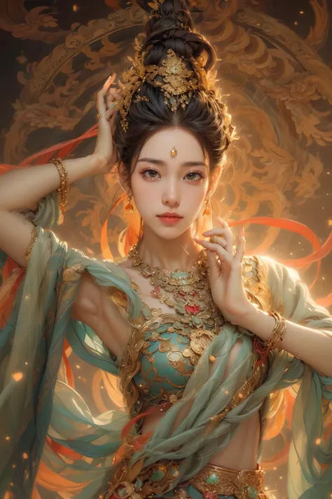 ((nude:1)),(boobs naked:0.65), ((nipples:0.85)),((Stunning shades of red and green:1.3)), (a woman in a red Dunhuang Flying Apsaras costume sitting on a blue bench, gorgeous chinese model, ceremonial clouds, beautiful fashion model body, royal bird, inspired by Huang Ding, wood chair, thin waist, bust with a long beautiful neck, charismatic beautiful, thin-waist, empress), Dunhuang Flying Apsaras costume, messy long hair, Ji Jian, Dunhuang style, a lot of smoke, superb, elegant colors, (realistic, high detail, masterpiece, super detailed, dynamic angle, mural background, ink wash, amazing, movie lighting, illustration, chiaroscuro, backlighting, god rays, holland, best quality, best quality), ((Chinese style:1)),moon,
Beautiful lighting among background, Floating colorful sparkles (1) illuminate her glowing skin against the cosmic backdrop, creating a tranquil mosaic reminiscent of blue and green jellyfish (1.4) amidst the photorealistic (1.4) depths.
<lora:anxiang:0.55> <lora:add_detail:0.55> <lora:dunhuangV3:0.855> <lora:GPTS6:0.85> ,<lora:oc_v10:0.5>,