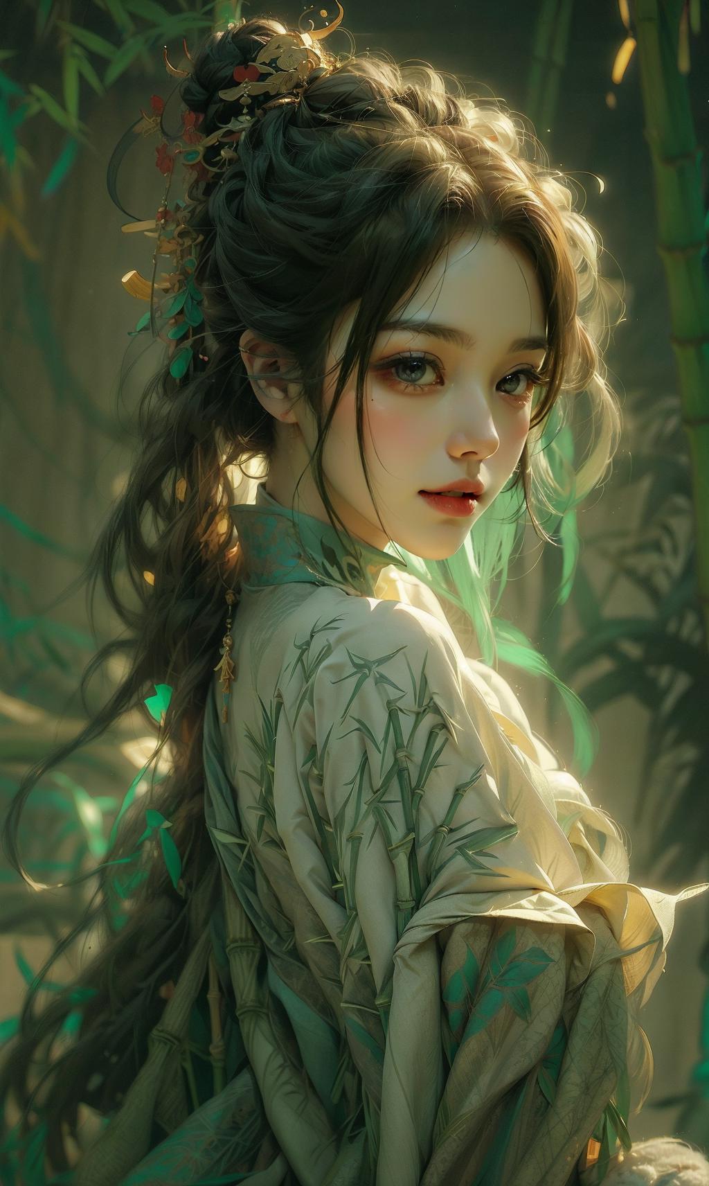 A woman with long hair and a green dress in a forest - SeaArt AI
