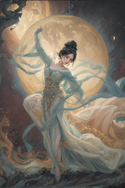 (Glowing ambiance, enchanting radiance, luminous lighting, ethereal atmosphere, mesmerizing glow, evocative hues, captivating coloration, dramatic lighting, enchanting aura),((nude:1)),(boobs naked:0.55), ink painting, ((moon:1)), ((tullece:1.4)),(masterpiece, top quality, best quality, official art, beautiful and aesthetic:1.2), (1girl:1.4), extreme detailed,(joshua middleton comic cover art:1.1), (Action painting:1.2),(concretism:1.2),theater dance scene,(hypermaximalistic:1.5),colorful,highest detailed,<lora:anxiang:0.55>,<lora:flowergirl:0.5>