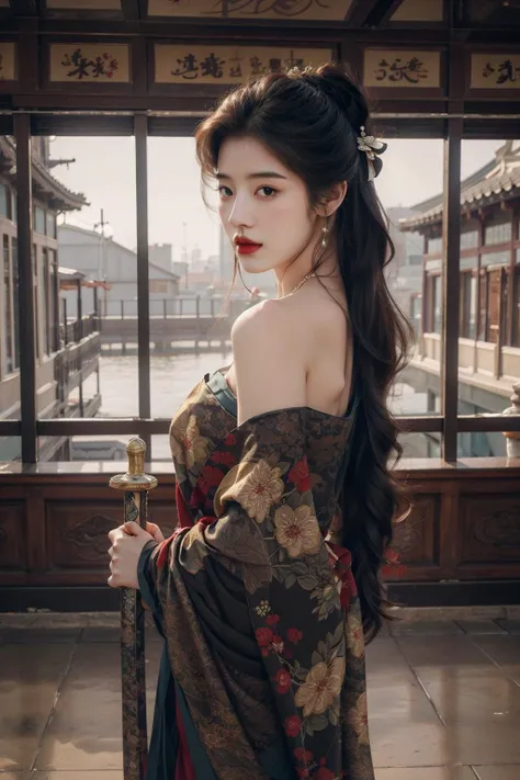 1girl, happy, elegant, silk, tullece, dress, off-shoulder, cowboy shot, see-through, white lotus, glowing, fog, mist, river, ((holding a sword, ninjas, photostock, female actress from korea, veil, agile, photo from a promo shoot, cryptoblades, asian female, fighters)), Best quality, masterpiece, ultra high res, photorealistic, raw photo, unity 8k wallpaper, ((1 sword:1)), <lora:anxiang:0.7>, <lora:add_detail:0.7>