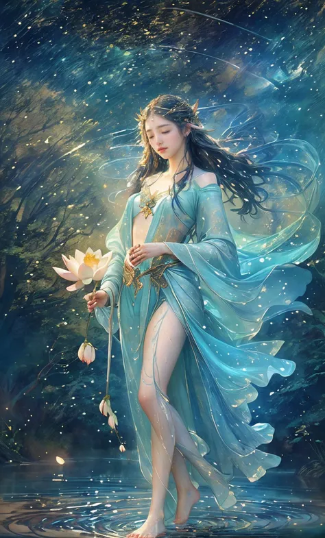 (best quality, masterpiece, photorealistic, hyperrealism:1.2),(smile), beautiful 18 yo (elven:1.2) girl washing herself in the moonlight at night, wet hair,((standing gracefully upon a lotus)), (inspired by Hua Yan, closing eyes, high priestess tarot card, full-cosplay, nymphaea), cool colors, wet skin, dripping wet, dynamic pose, tight body, full body,bare feet,depth of field,<lora:slg_v22:0.7>
night ,<lora:anxiang:0.55>
