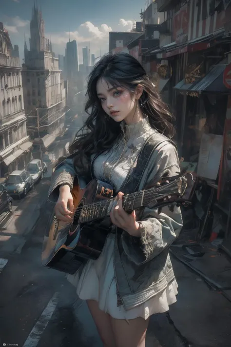 ((parallel world:1.1)), (1girl:1.4), (a girl standing on top of a building next to a black crow, rending on cgsociety, band playing, black crow at her feet, the girl plays the guitar, playable trailer, by Yu Zhiding, the metaverse, main character, black shadows, streaming, cats, new york backdrop), romanticism, atmospheric, (RAW photo, best quality), (realistic, photo-realistic:1.3), masterpiece, an extremely delicate and beautiful, extremely detailed, <lora:difConsistency_detail:0.45>, ((upper body:1)),
<lora:oc_v10:0.5:PALETTE> <lora:lowra_v10:0.4> newspaper background, <lora:Newspaper:0.75>,white flower<lora:anxiang:0.85:PALETTE>,