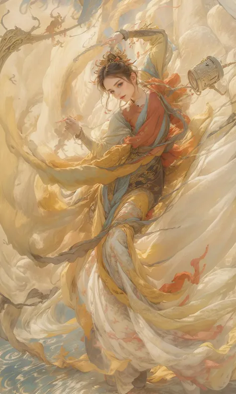 (((Complicated Chinese-style cloud pattern:1.2))), ((Chinese style palace:1.1)),((mountains, ripples, palace:1.1)),((Dynamic dance poses:1.1)), ink painting, ((moon:1)), (masterpiece, top quality, best quality, official art, beautiful and aesthetic:1.2), (1girl:1.4), (a painting of a woman in a red dress, beautiful young wind spirit, smokey water scenery, outstretched wings, focus on art nouveau suit, spinning whirlwind, whirlwind, dressed in a beautiful, brocade, holding a lantern),((long Hanfu, dragged on the ground)), extreme detailed,(joshua middleton comic cover art:1.1), (Action painting:1.2),(concretism:1.2),theater dance scene,(hypermaximalistic:1.5),colorful,highest detailed,<lora:anxiang:0.95:KEEPCHAR> , (The background is a scene of a classical Chinese mythology, a palace in a classical Chinese style:1), water<lora:zhongfenghua:1:KEEPCHAR>,