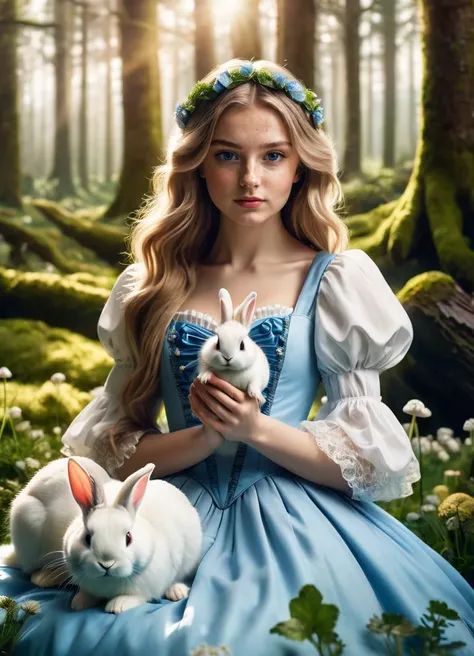 ((portrait of 18-year-old woman playing with a white bunny)), (best friends for life), (Alice In Wonderland), (long floating hair), {blue eyes}, wearing cute gown, (((magical mushroom forest))), moss, flowers, clovers, (((stunning breathtaking background))), sunlight, dreamy atmosphere, (fantasy), intricate, highly detailed, sharp focus, (((wide-angle))), ((eye level perspective)), ((low angle shot)), (centered image composition), professionally color graded, masterpiece, trending on artstation, hdr 4k, 8k, <lora:SDXL_DFxnk_Style:0.8> DFxnk, DFxnk Style, DFxnk Design, DFxnk Style Design