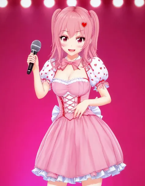 <lora:Niki_Nakayama:.8> Niki, 1girl, solo, holding microphone, dress, heart, looking at viewer, breasts, smile, two side up, idol, open mouth, short sleeves, upper body, hair ornament, on stage, puffy sleeves, pink dress