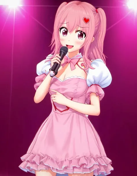 <lora:Niki_Nakayama:.8> Niki, 1girl, solo, holding microphone, dress, heart, looking at viewer, breasts, smile, two side up, idol, open mouth, short sleeves, upper body, hair ornament, on stage, puffy sleeves, pink dress