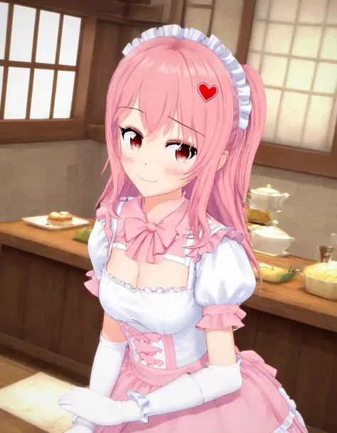 <lora:Niki_Nakayama:.8> Niki, 1girl, solo, hair flower, heart, looking at viewer, blush, detached sleeves, hairband, wink, breasts, smile, frills, indoors, frilled sleeves, detached collar, pink maid outfit, upper body, hair ornament