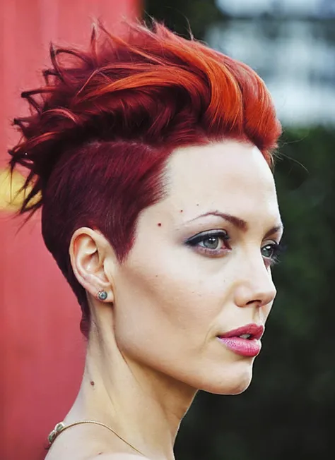 portrait of sks woman by Flora Borsi, style by Flora Borsi, bold, bright colours, orange Mohawk haircut, ((Flora Borsi)), <lora:locon_angelina_v1_from_v3_64_32:1.4>