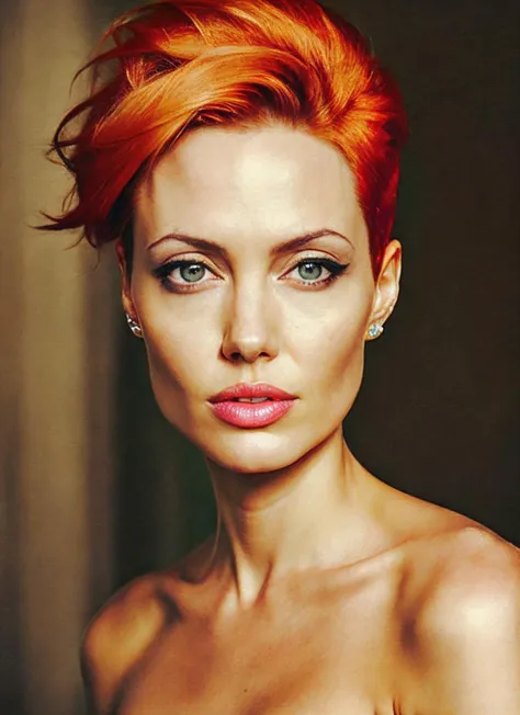 portrait of sks woman by Flora Borsi, style by Flora Borsi, bold, bright colours, orange Mohawk haircut, ((Flora Borsi)), <lora:locon_angelina_v1_from_v3_64_32:1.4>
