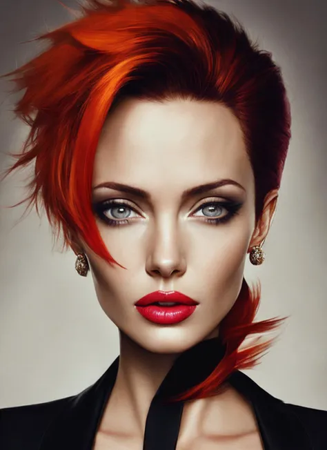 modelshoot style, portrait of sks woman by Flora Borsi, style by Flora Borsi, bold, bright colours, orange Mohawk haircut, ((Flora Borsi)), <lora:locon_angelina_v1_from_v3_64_32:1.4>