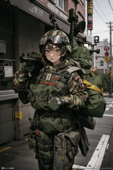 1girl,outdoors,street,,ruanyi0532,backpack,bag,camouflage jacket,camouflage pants,goggles,helmet,load bearing vest,combat boots,cowboy shot,thigh gap,<lora:0532 Ranger Regiment Airborne_v1:1>, best quality,masterpiece,highres,official art,extremely detailed cg unity 8k wallpaper