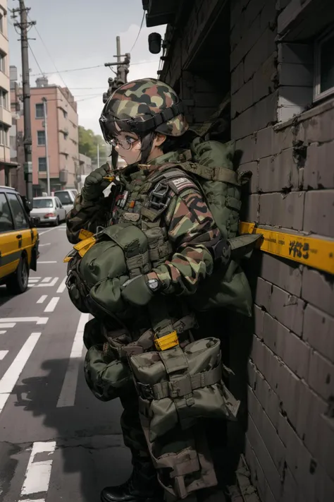 1girl,outdoors,street,,ruanyi0532,backpack,bag,camouflage jacket,camouflage pants,goggles,helmet,load bearing vest,combat boots,cowboy shot,<lora:0532 Ranger Regiment Airborne_v1:1>, best quality,masterpiece,highres,official art,extremely detailed cg unity 8k wallpaper