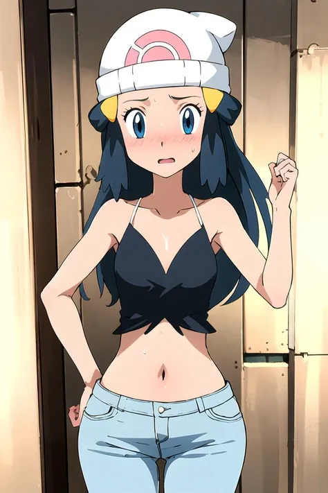 masterpiece, best quality, 1girl, dawn (pokemon), beanie, long hair, blue hair, blue eyes, looking at viewer, embarrassed, blush, sweat, <lora:dawnPokemon-10:0.5>, special clothes55, midriff, Short Sexy Crop Top with Sequins, Spaghetti Strap V-Neck Short Blouse, <lora:specialClothesS55:0.8>