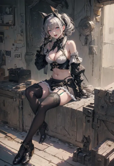 spread legs,, (masterpiece, best quality, ultra detailed sharp focus illustration:1.2), 1girl, breasts,  solo, blue eyes,  looking at viewer,  open mouth, grey hair, blush, twintails, navel, hairband, skirt, bangs,  bare shoulders, smile,  purple skirt, :d, detached sleeves,  frilled skirt, black wings, sidelocks, hair ornament, revealing clothes, thighhighs, cleavage, fang, garter straps, short hair, frills, sitting, tail ornament, bridal gauntlets, swimsuit, hand up, bikini, between legs, untied, medium breasts, nsfw,