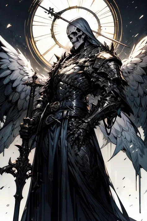 looking at viewer, holding, standing, monochrome, weapon, greyscale, multiple boys, wings, belt, sword, hood, holding weapon, armor, halo, holding sword, helmet, cross, polearm, staff, shoulder armor, gauntlets, pauldrons, skull, robe, breastplate, multiple others, skeleton, full armor, statue, helm, (dynamic angle:1), pain and pleasure
<lora:GRIMM_v1-000015:0.6> <lora:cyber_punk_manicPanic_v3.5:0.5><lora:add_detail:0.2>