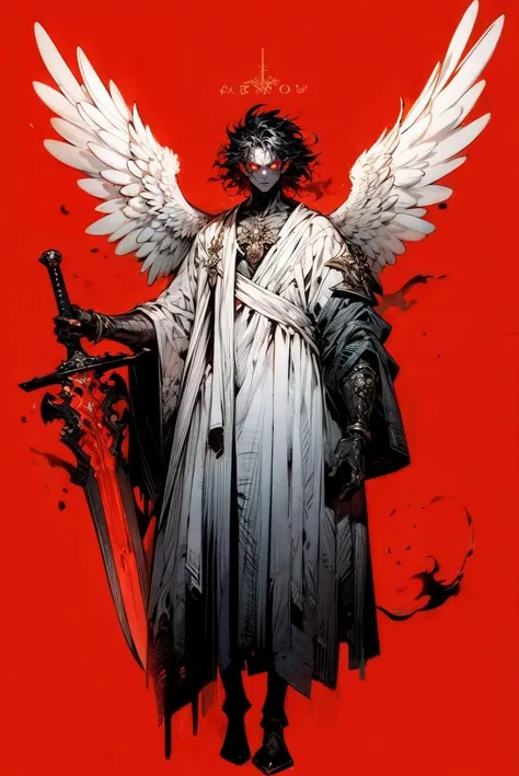 solo, looking at viewer, short hair, simple background, black hair, red eyes, 1boy, holding, full body, weapon, male focus, wings, sword, holding weapon, holding sword, feathered wings, red background, black wings, monster, angel wings, angel, limited palette, extra eyes, demon, red sclera
<lora:GRIMM_v1-000015:0.6> <lora:cyber_punk_manicPanic_v3.5:0.4><lora:add_detail:0.2>