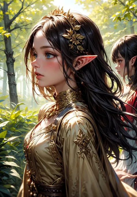 best quality , masterpiece, 4females, a cute elf princess exploring the wilderness, close up, beautiful girl, looking away