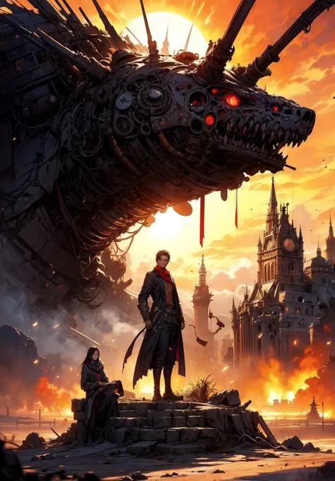 a steampunk town (town from mortal engines) drives trough a scorched land while the red sun shines hot on the dried up and scorched earth, silhouette, light particles