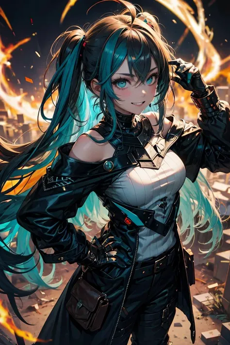 best quality, ultra-detailed, 1girl, evil, villain, (very long hair:1.8), long twintails, black hair with teal streaks, teal eyes, medium breasts, evil grin, off-shoulder coat, v-shaped eyebrows, futuristic, apocalypse, destruction, energy, skeleton armor, solo, antenna ahoge, from above, cowboy shot, hand on hip, long sidelocks