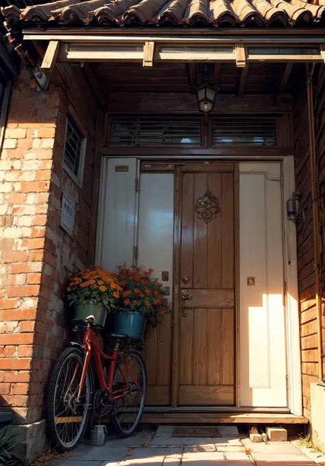 (masterpiece:1.2),(best quality:1.2),(Low saturation:1.2),(Light colors:1.2),(Isometric:1.1), good lighting,(outdoors:1.2),(facing the door:1.3), convenience store,doorway,potted plant,watering,wooden fence, bicycle,Windows,(Red brick wall:1.2),autumn, AI is SB