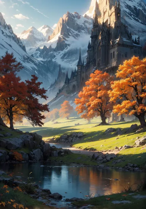Fantasy Landscape, Autumn Forest, dark spooky Mountains, Large landscape