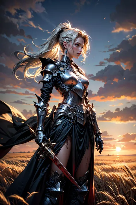 (masterpiece:1.1), (best quality:1.1), (detailed:1.0), (flat colors:1.2), BREAK, (dark fantasy:1.0), (epic:1.0), (cinematic:1.0), (dark:1.1), (gloomy:1.0), (eerie:1.0), BREAK, (dynamic pose:1.0), (woman:1.0), (ponytail:1.0), (silver armor:1.0), (knight:1.0), (sword:1.1), (windy:1.0), (covered in blood:1.1), (damaged:1.1), (scratches:1.0), (scars:1.1), (dirty:1.1), (tired:1.1), (exhausted:1.1), BREAK, (dusk:1.0), (depth of field:1.0), (clouds:1.0), (wheat field:1.0), (tall wheat:1.0)